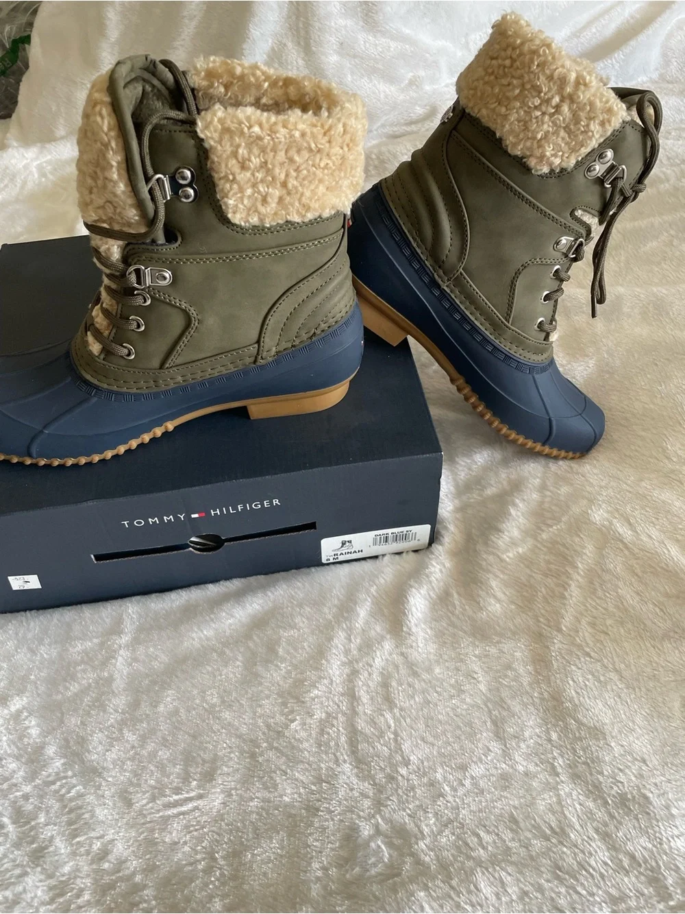 Tommy Hilfiger Olive & Navy Shearling-Trim Waterproof Duck Boots